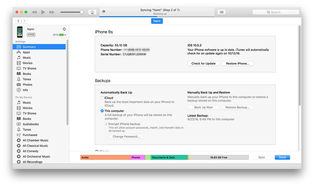 Create encrypted backup in iTunes