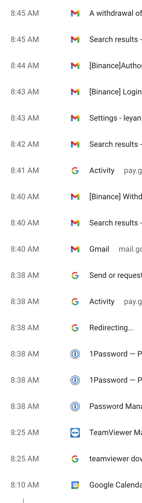 Screenshots of Chrome browser history