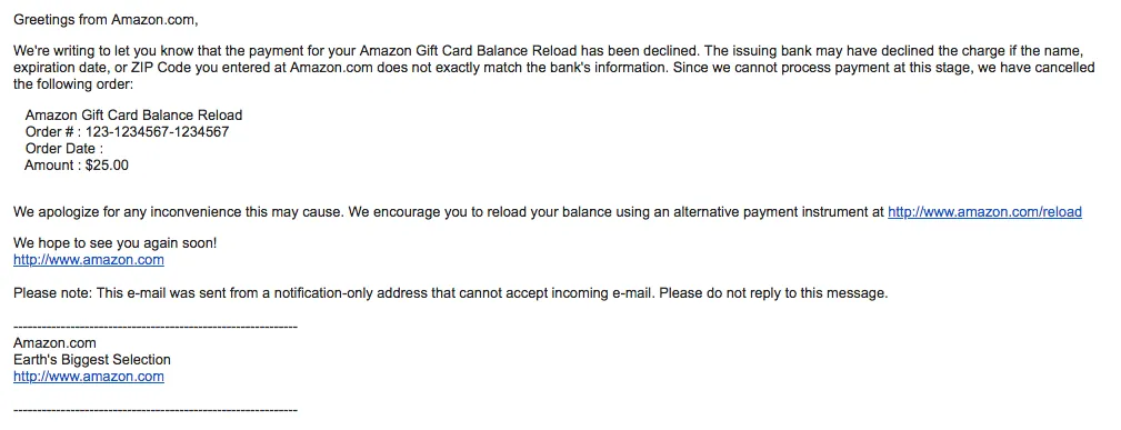 Amazon rejection email