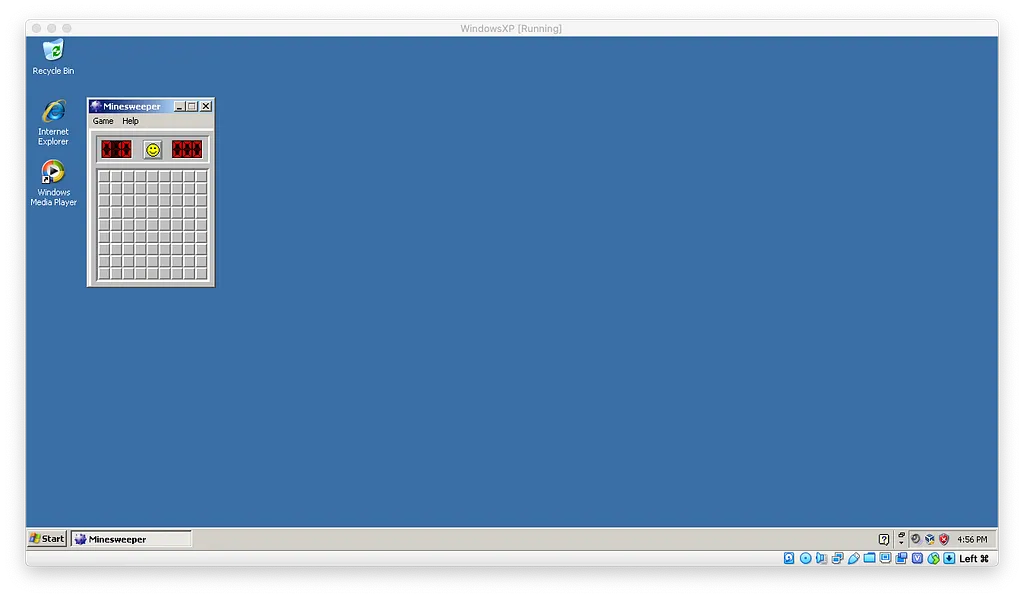 Minesweeper running in Windows XP in VirtualBox on macOS