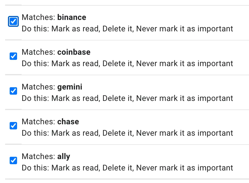 Screenshot of Gmail filters
