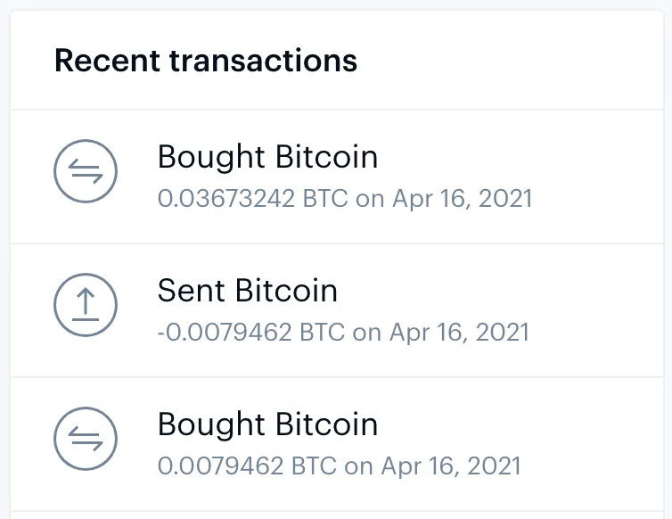 Screenshot of Coinbase transactions