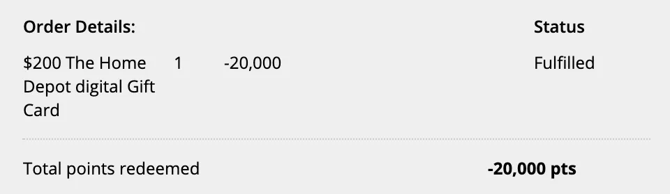 Screenshot of Chase gift card order
