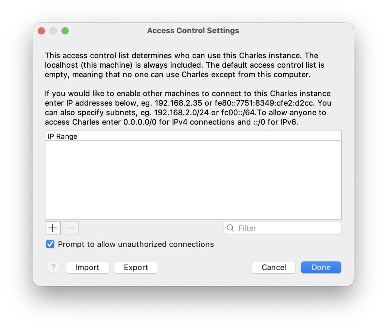 Charles Access Control Settings