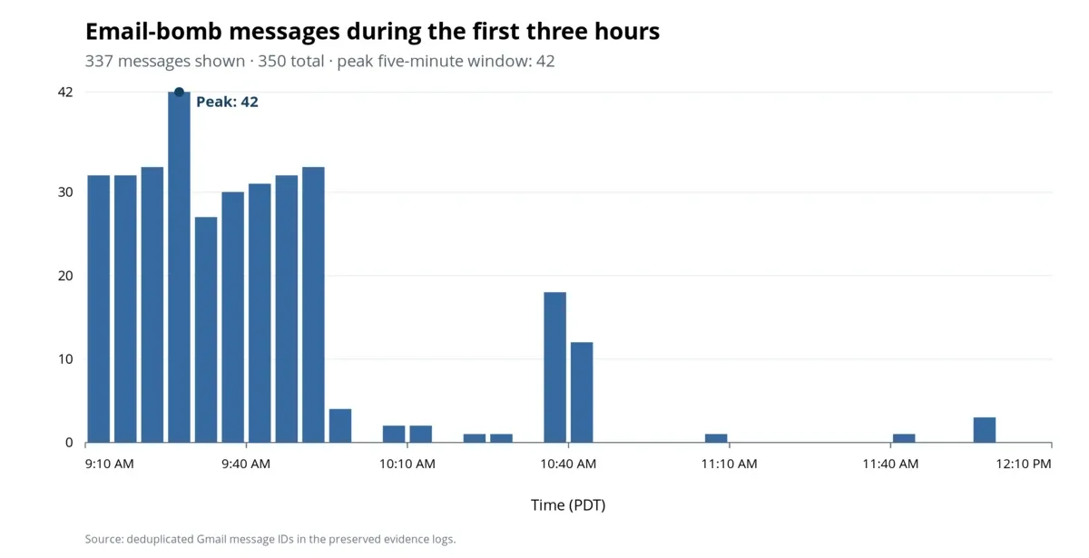 A bar chart showing 337 email-bomb messages during the first three hours, peaking at 42 messages in five minutes