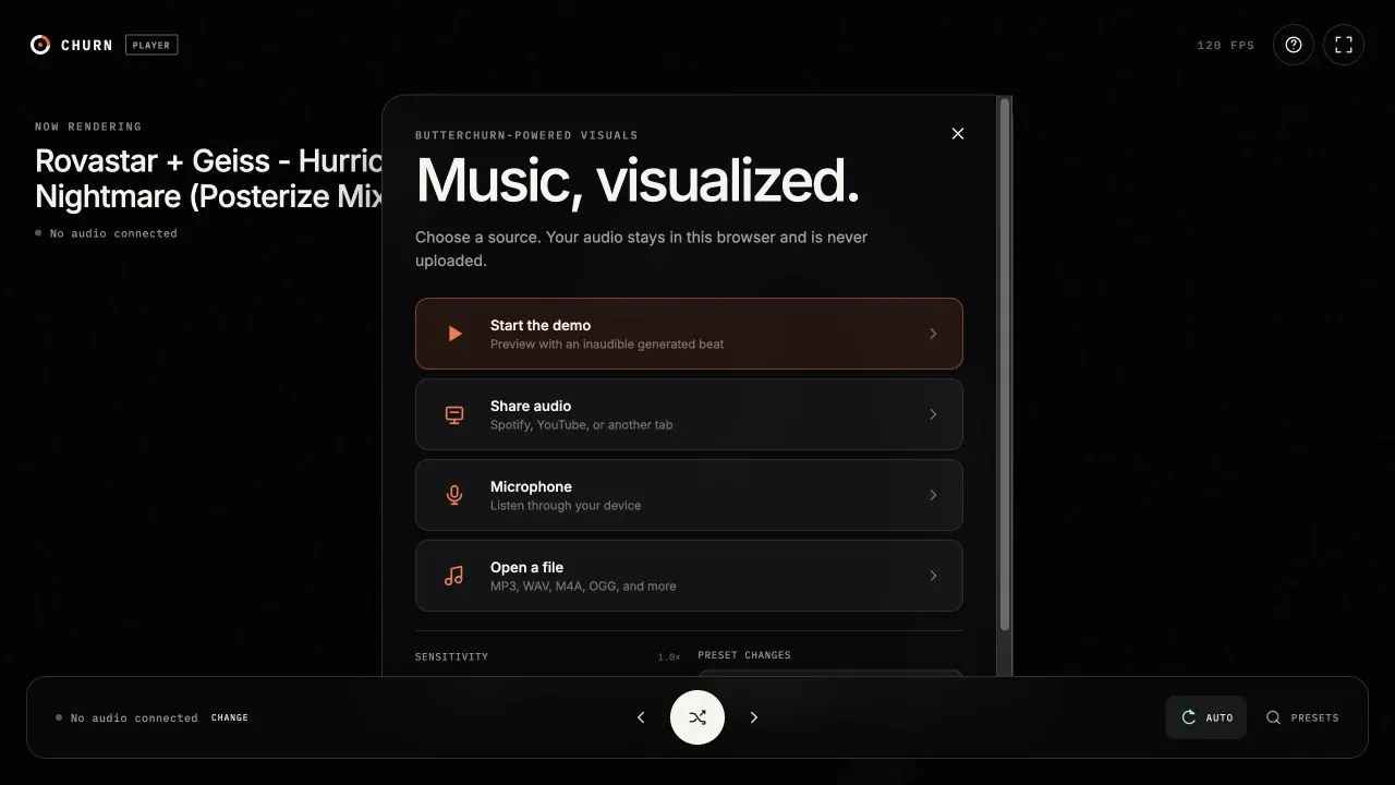 Churn’s audio source chooser with demo, shared audio, microphone, and local file options