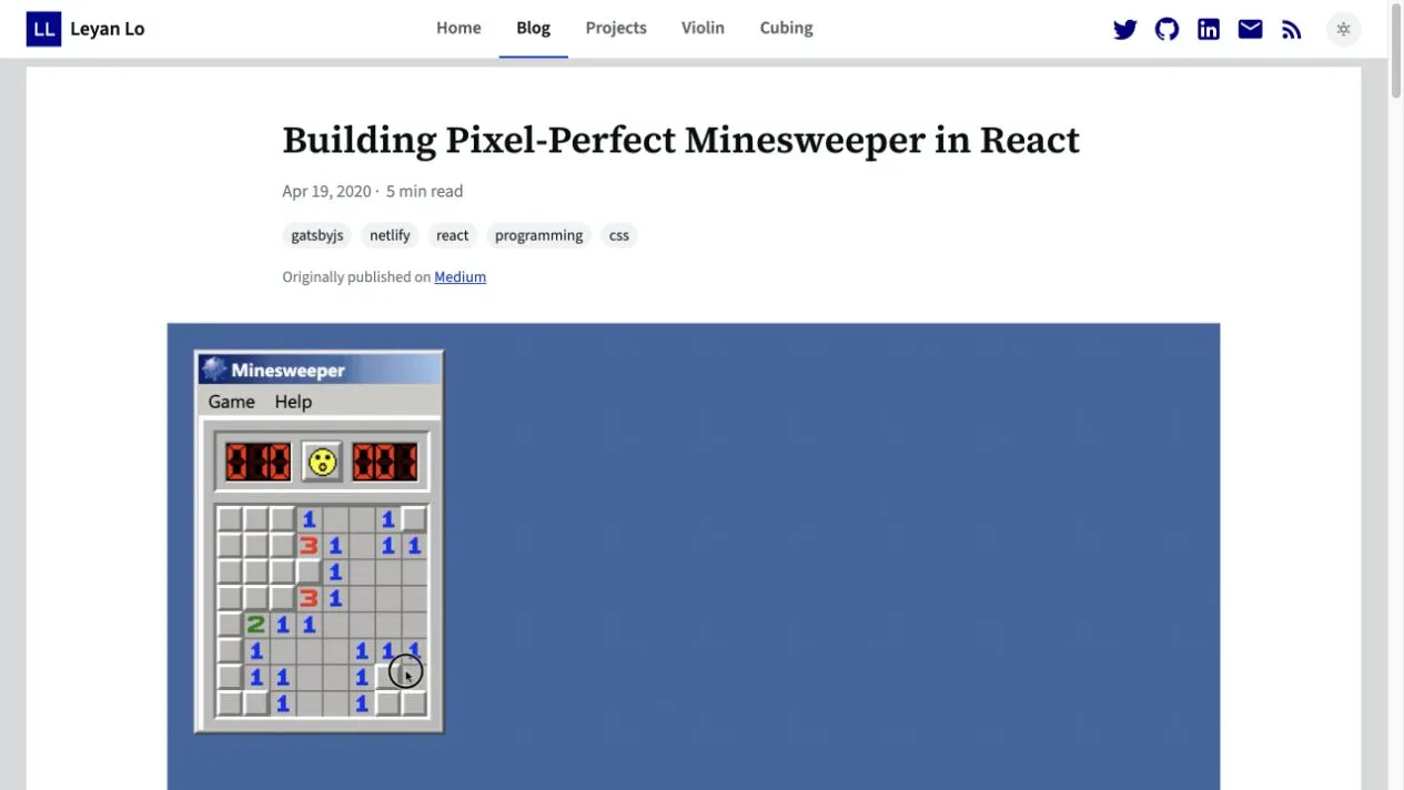The Minesweeper post title, date, tags, Medium attribution, and hero image