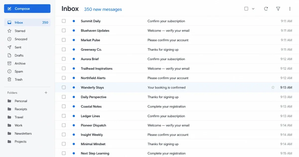 A mock inbox with 350 new signup emails and one booking confirmation hidden among them