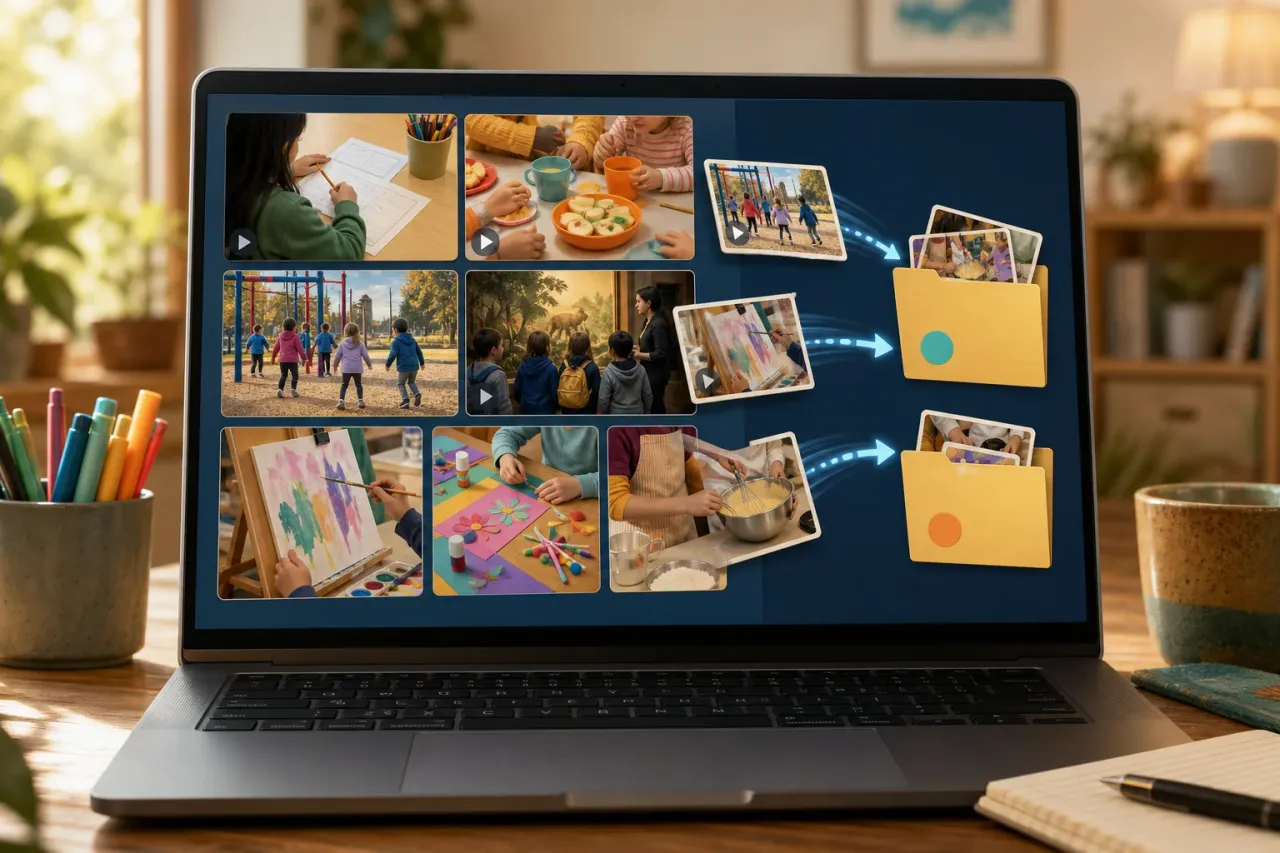 Laptop gallery showing worksheets, snacks, playground time, a field trip, art, and cooking moving into local folders