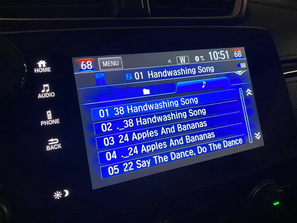 Honda audio system showing dotfiles in the music directory