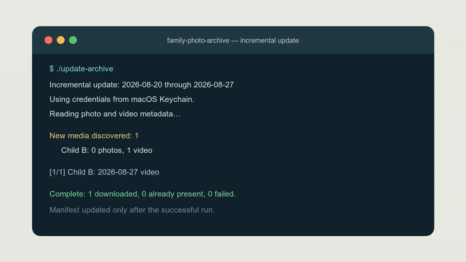 Sanitized terminal showing one new video downloaded successfully by the incremental archive