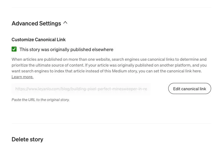 Medium advanced settings showing the saved canonical link