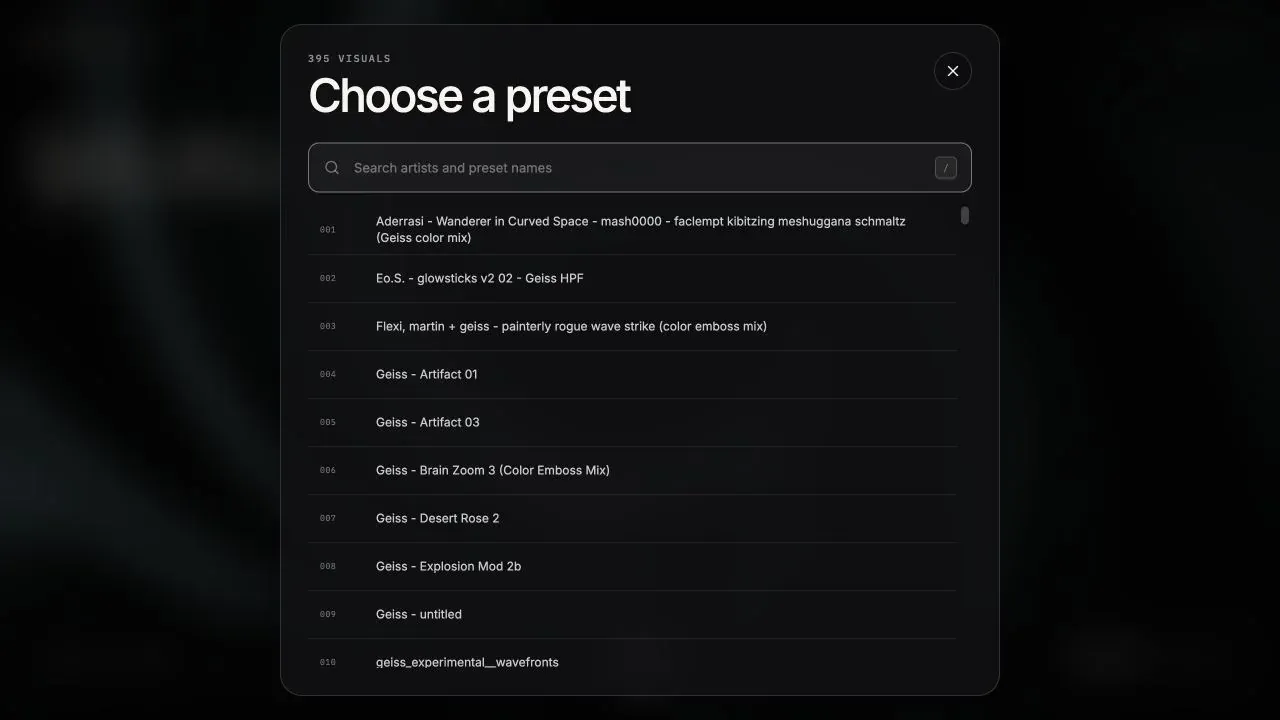 Churn’s searchable browser listing 395 visual presets and their artist names