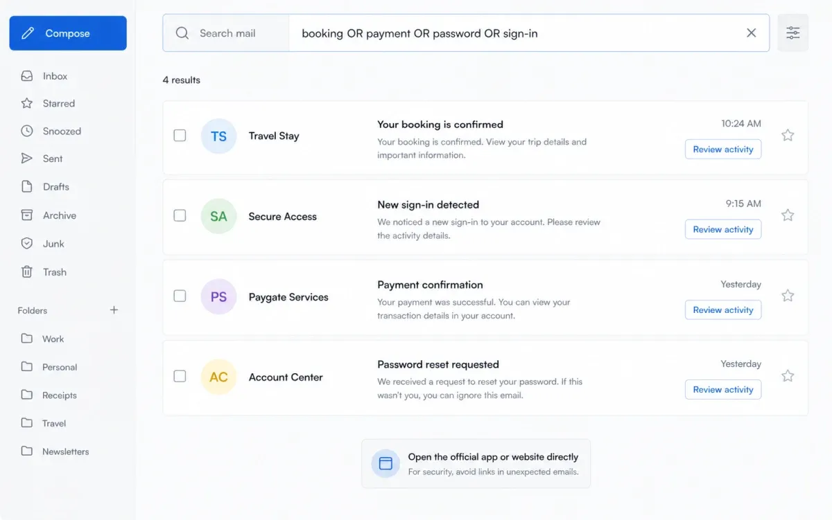 A fictional email search showing booking, sign-in, payment, and password-reset results