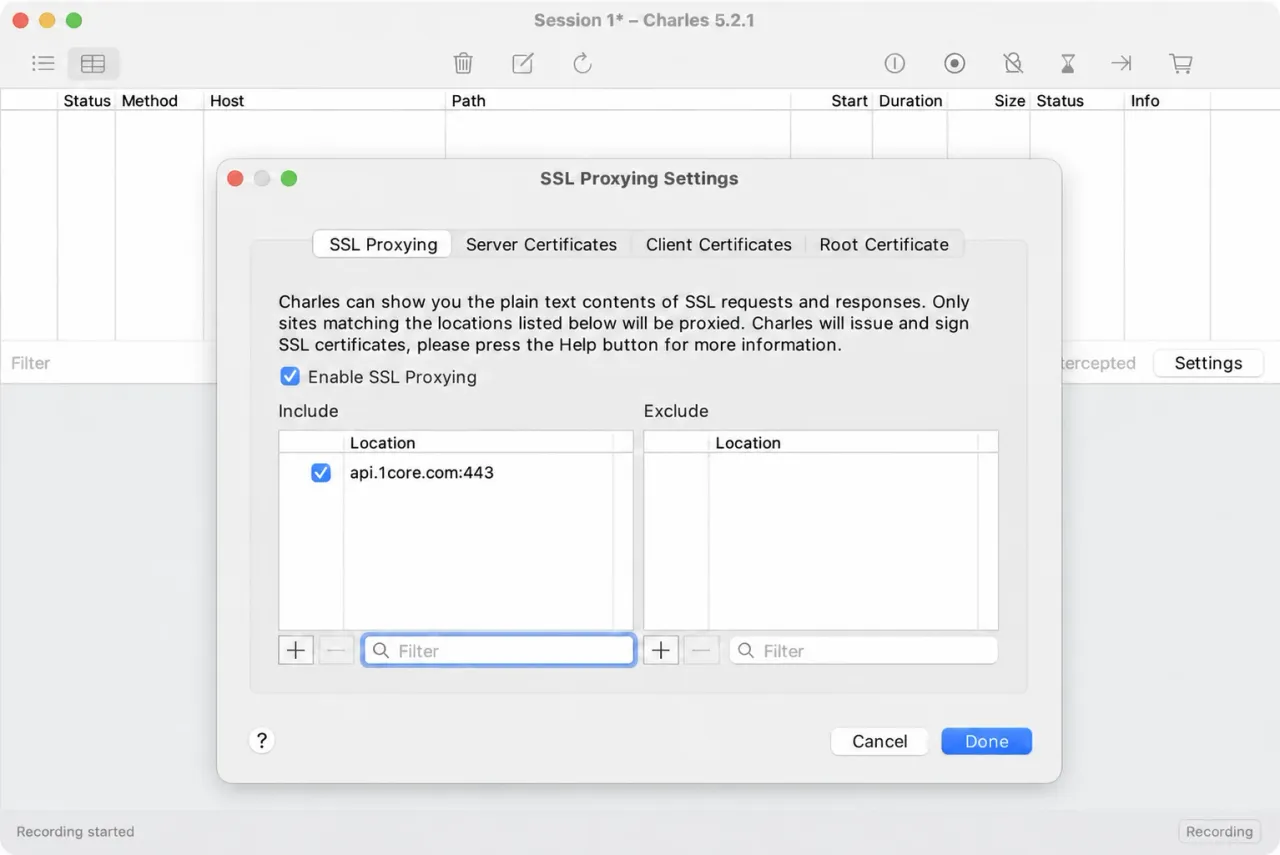 Charles SSL Proxying Settings configured for api.1core.com