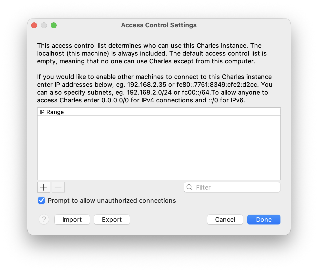 Charles Access Control Settings