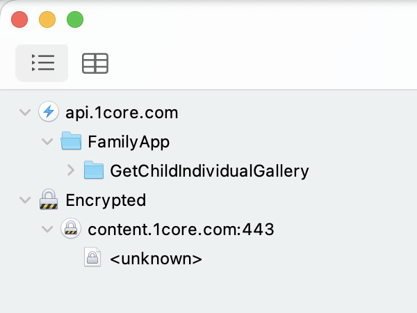 The current Charles Structure view showing the 1Core gallery endpoint and encrypted media host