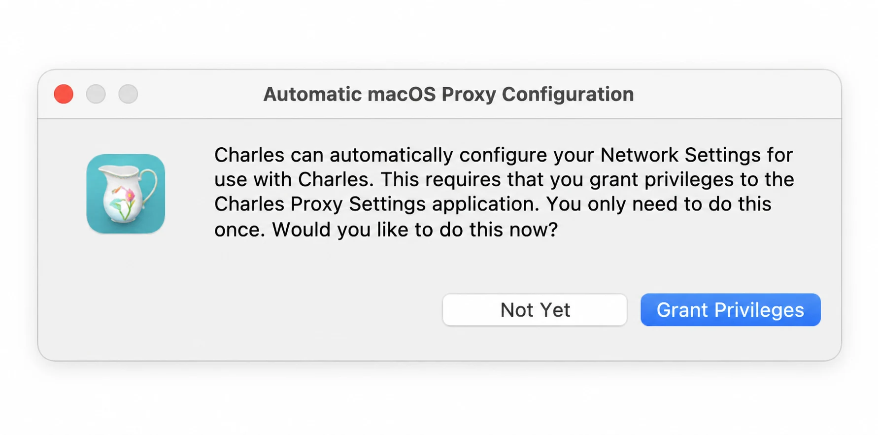 Charles asking to configure the Mac's network proxy
