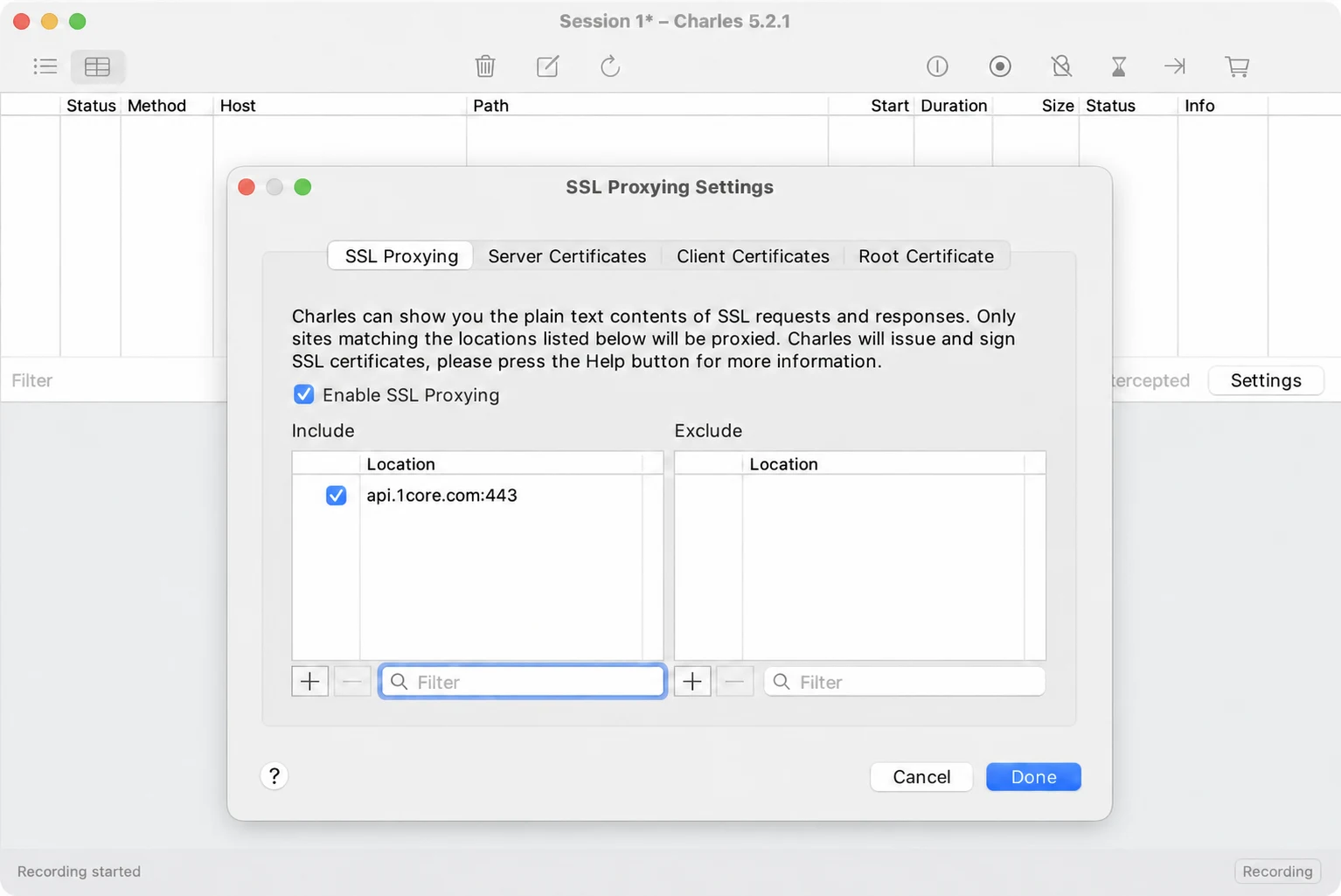 Charles SSL Proxying Settings configured for api.1core.com