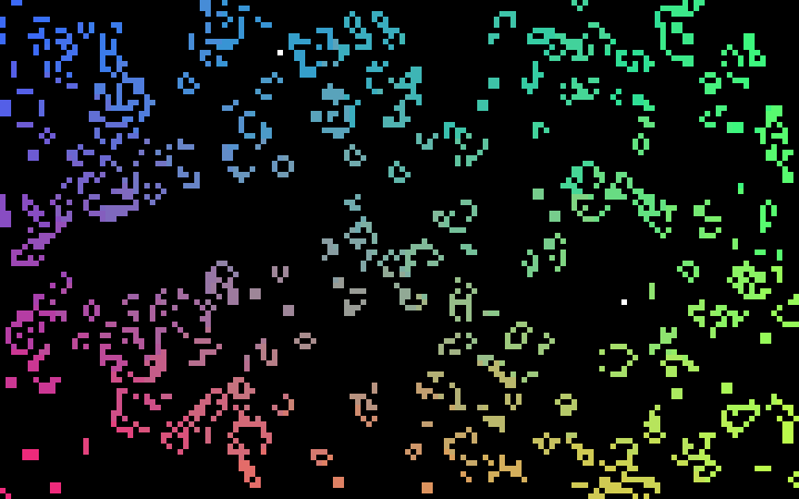 GPULife’s colorful cells forming clusters across a black screen.