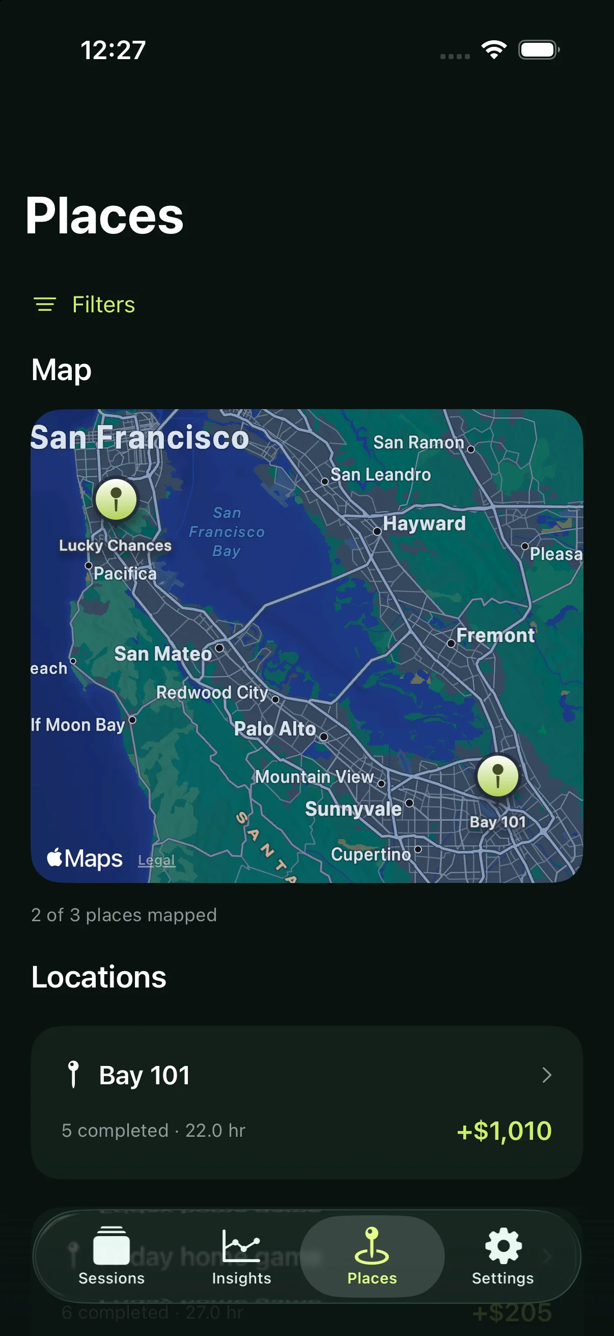 Sample poker locations on a map with results for each place