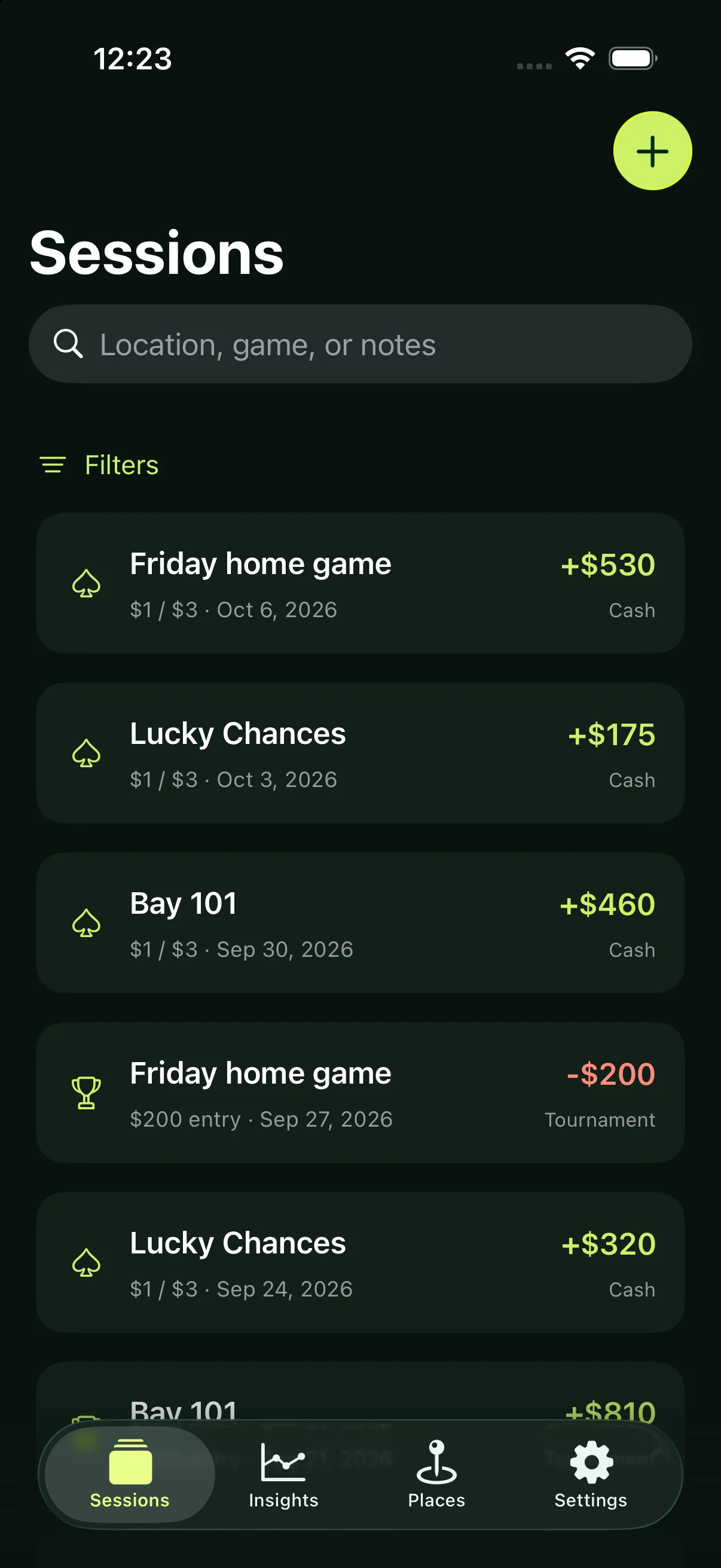 Sample poker sessions with dates, stakes, and results
